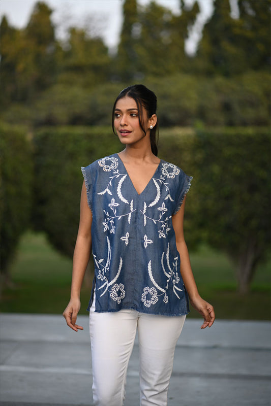 Denim Lyocell V Neck Sleeveless Top