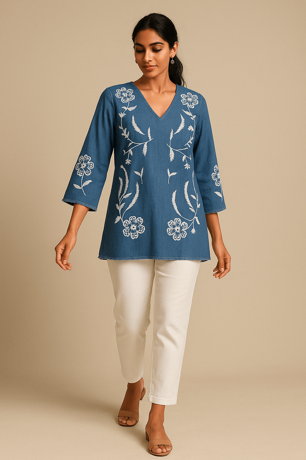 Denim Lyocell V Neck Top with Sleeves