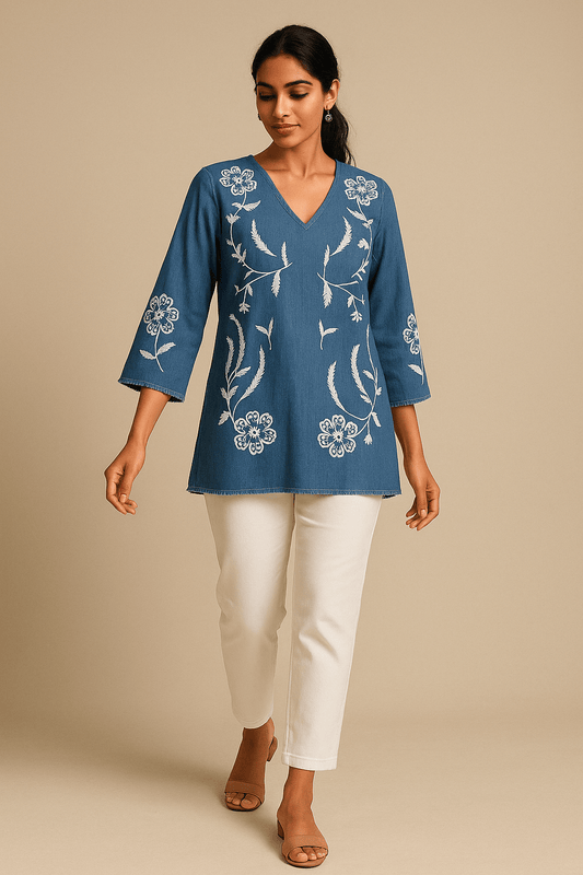Denim Lyocell V Neck Top with Sleeves