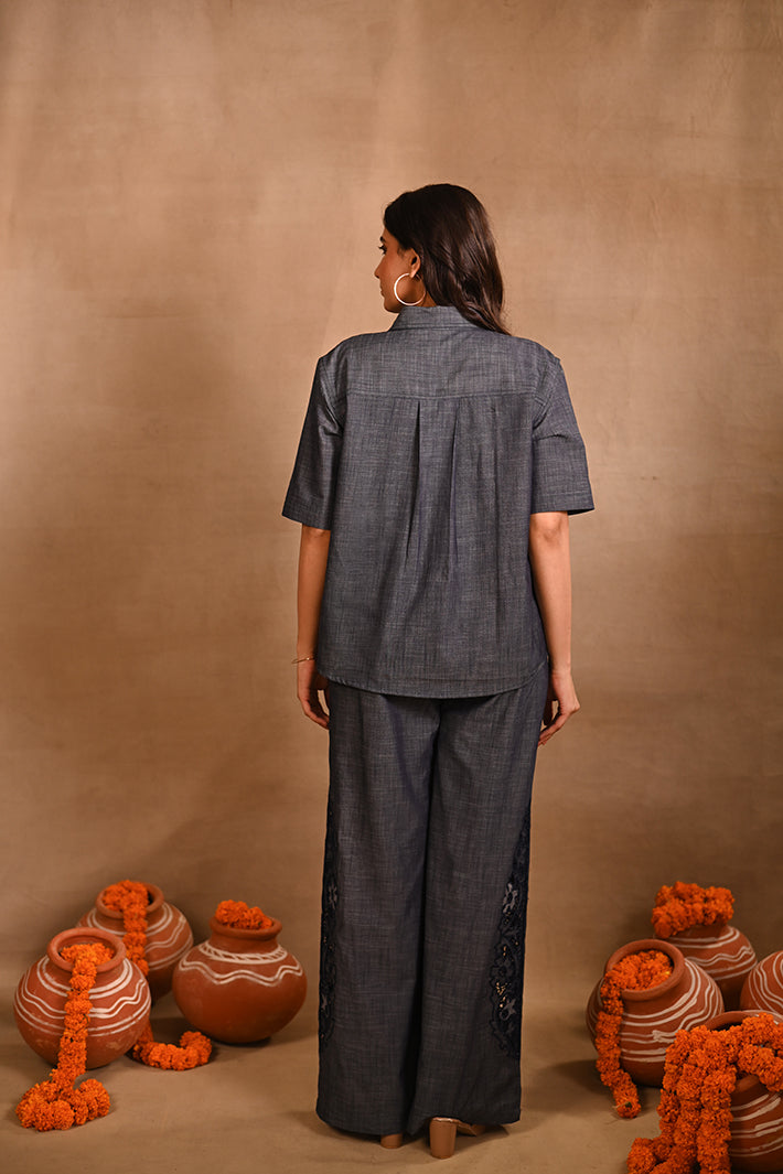 Floral Denim Cutwork Set