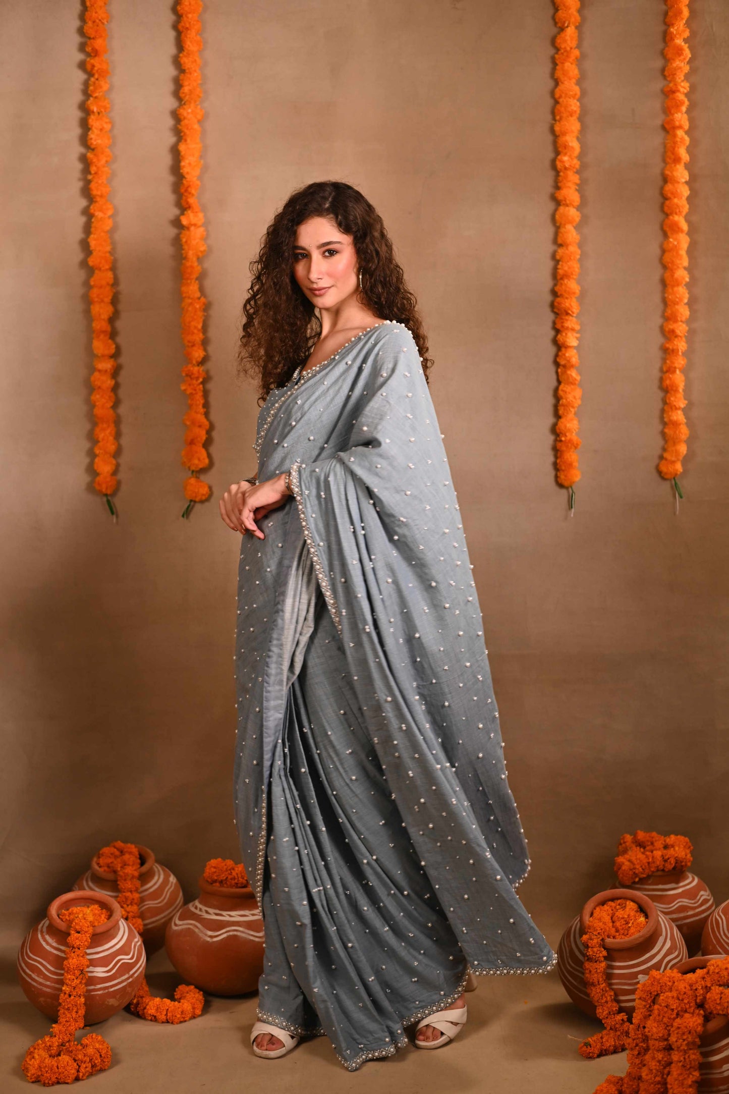 Light Denim Pearl Saree