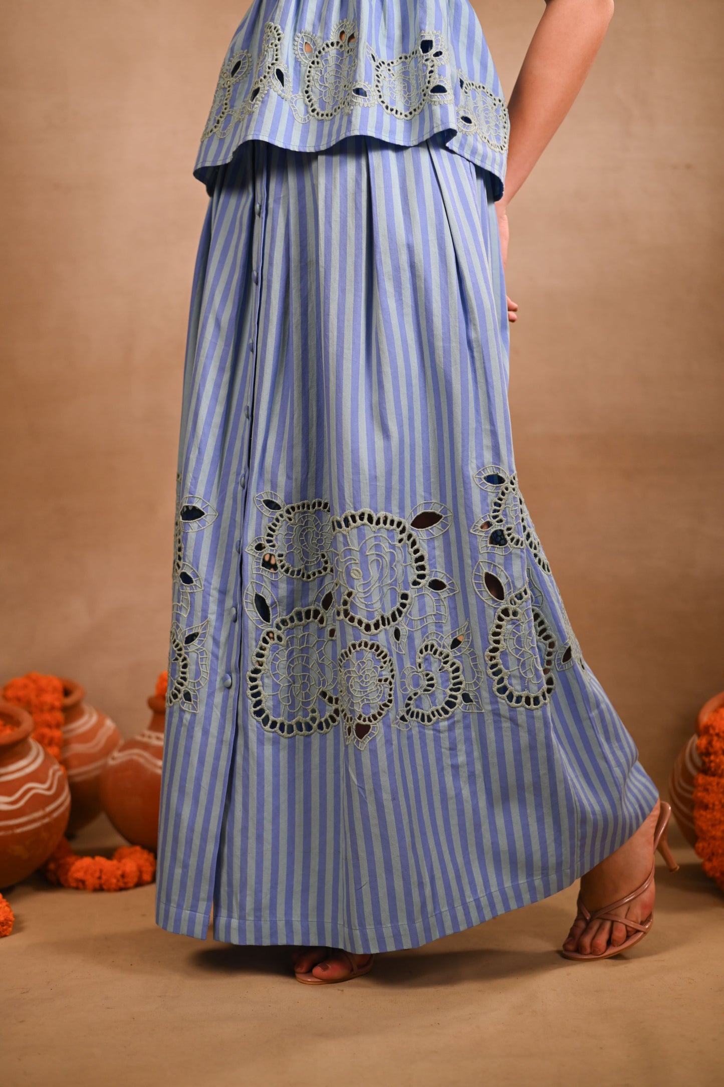 Light Blue Stripe Set with Peplum Top & Skirt