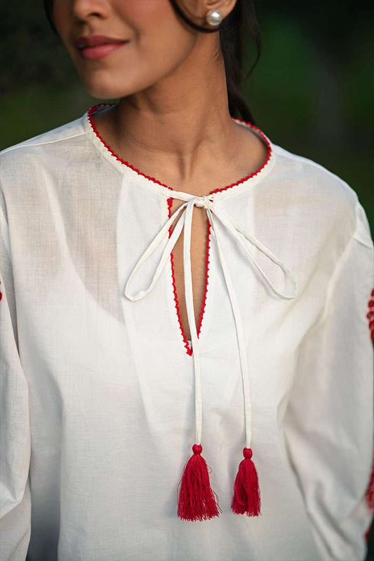 White & Red Top with Mandala embroidery
