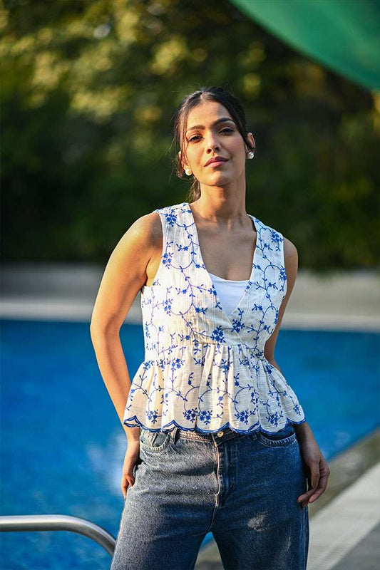 Blue Floral Sleeveless Top