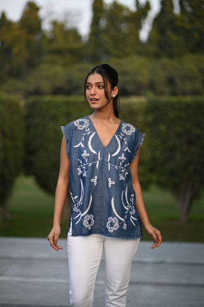 Denim Lyocell V Neck Sleeveless Top