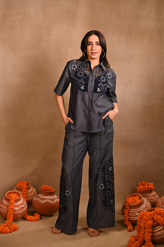 Floral Denim Cutwork Set