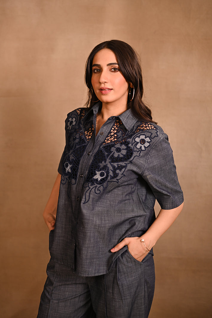 Floral Denim Cutwork Set