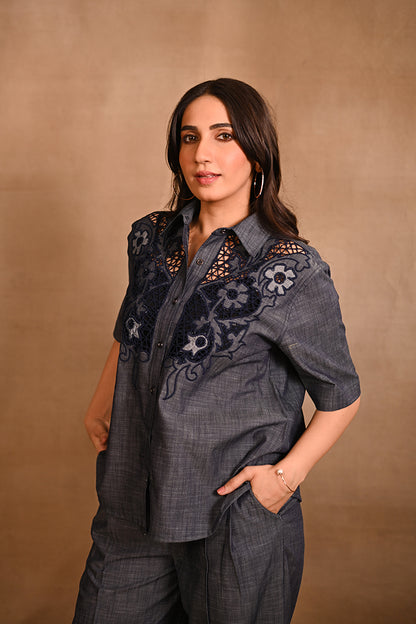 Floral Denim Cutwork Set