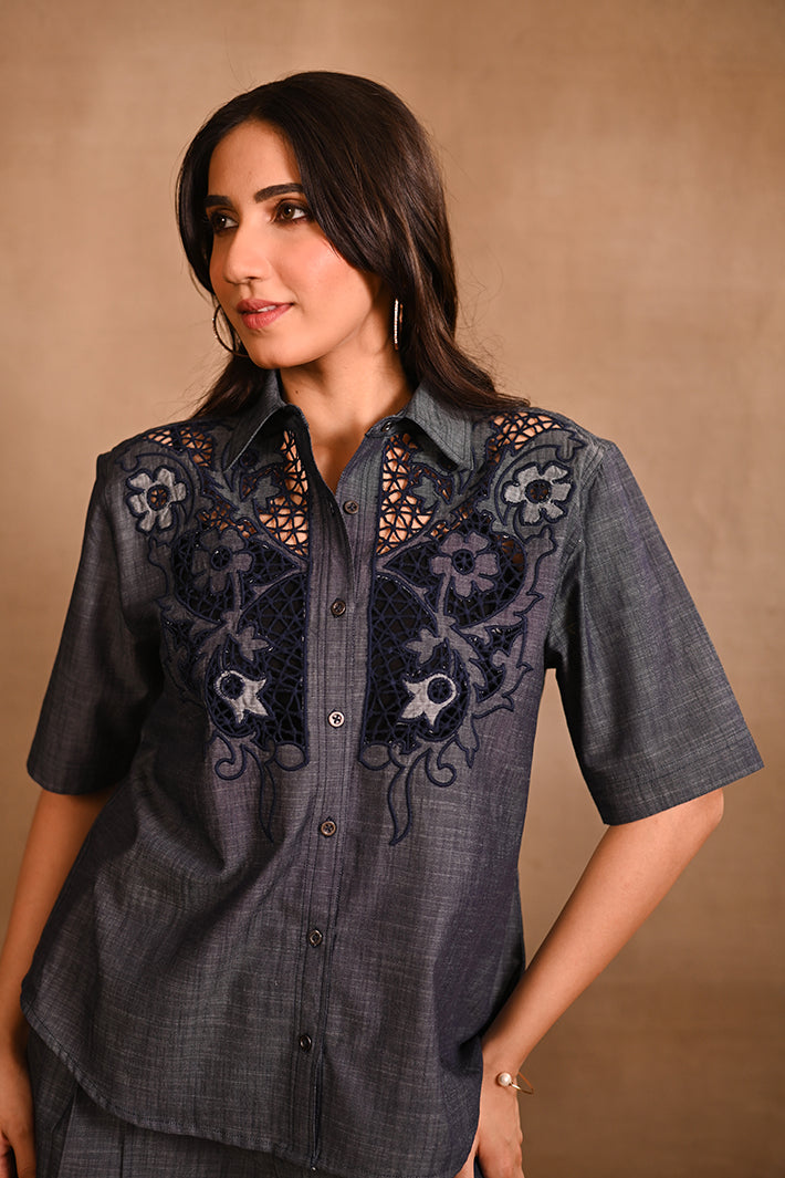 Floral Denim Cutwork Set