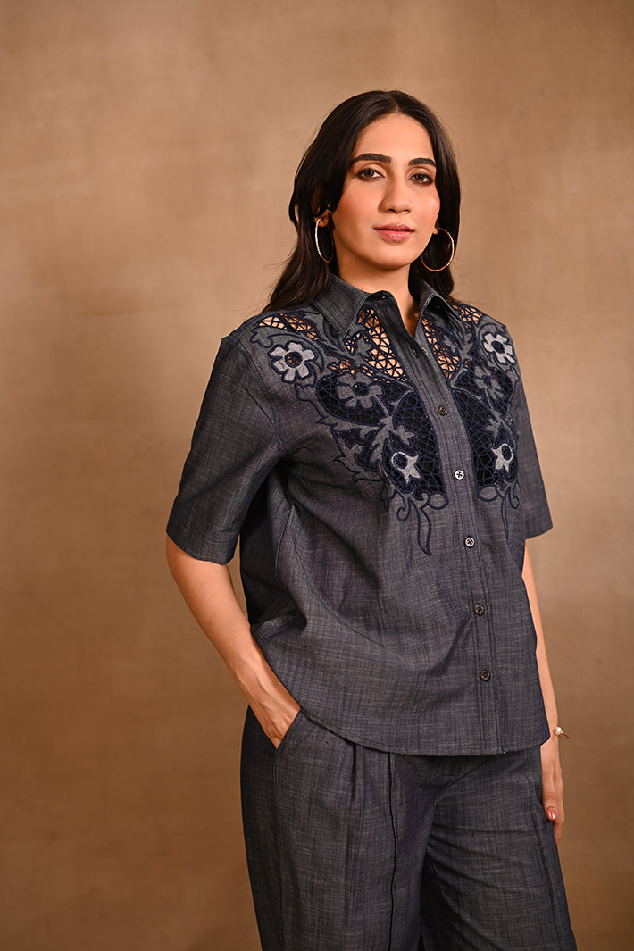 Floral Denim Cutwork Set