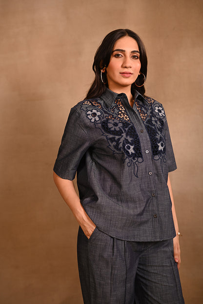 Floral Denim Cutwork Set