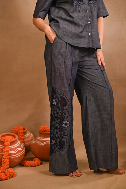 Floral Denim Cutwork Set