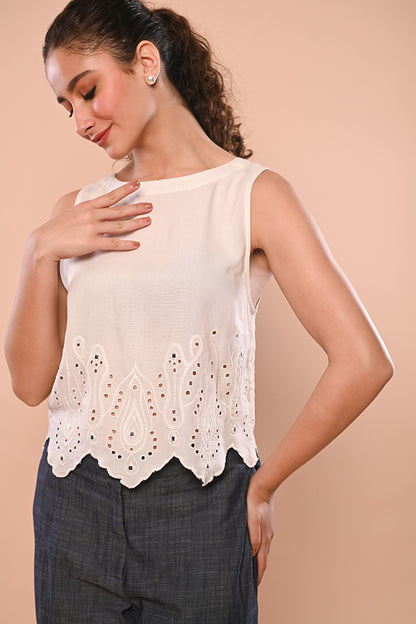 White Sleeveless Mirrorwork Top