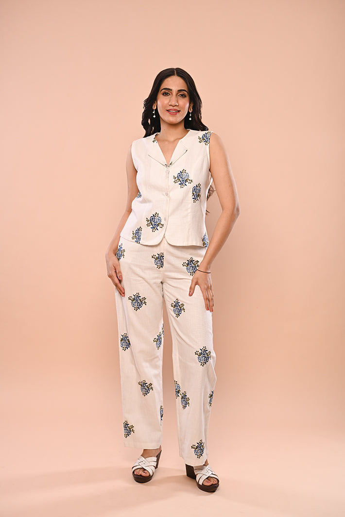 Blue Rose Co-ord Set (Sleeveless Jacket & Pants)