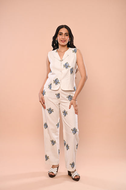 Blue Rose Co-ord Set (Sleeveless Jacket & Pants)