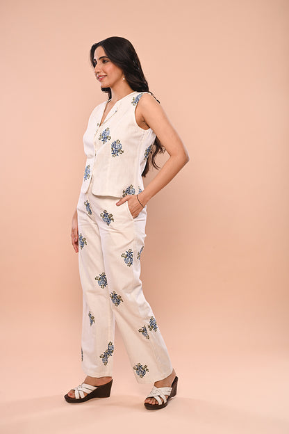Blue Rose Co-ord Set (Sleeveless Jacket & Pants)