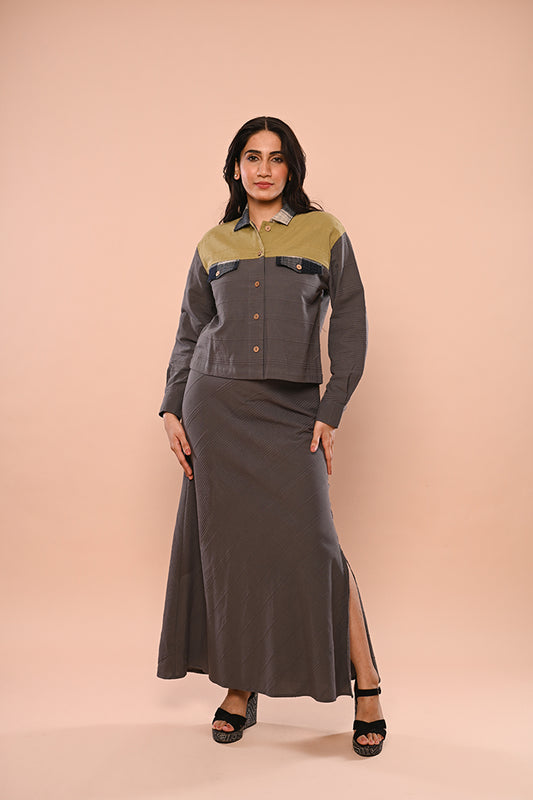 Grey Green Jacket with Grey Long Skirt