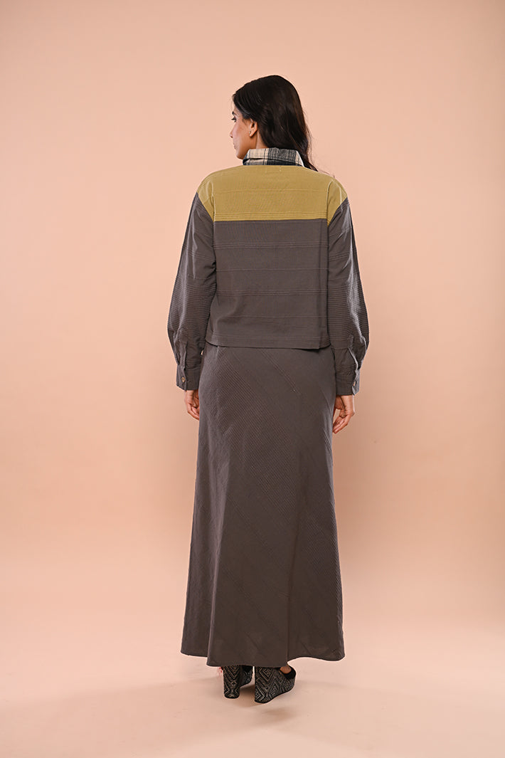 Grey Green Jacket with Grey Long Skirt