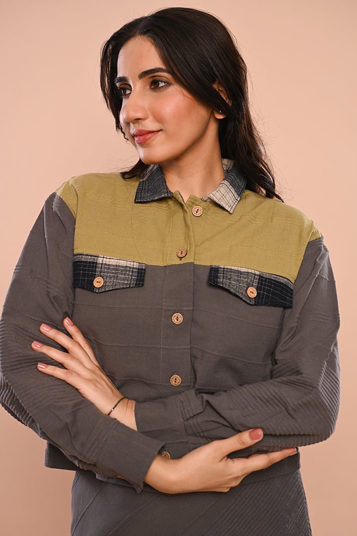 Grey Green Jacket with Grey Long Skirt