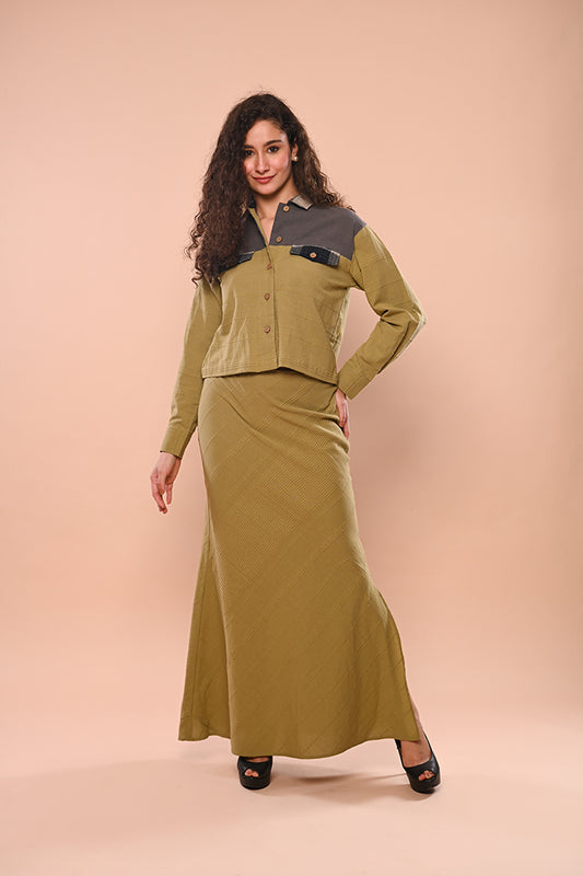 Green Grey Jacket with Green Long Skirt