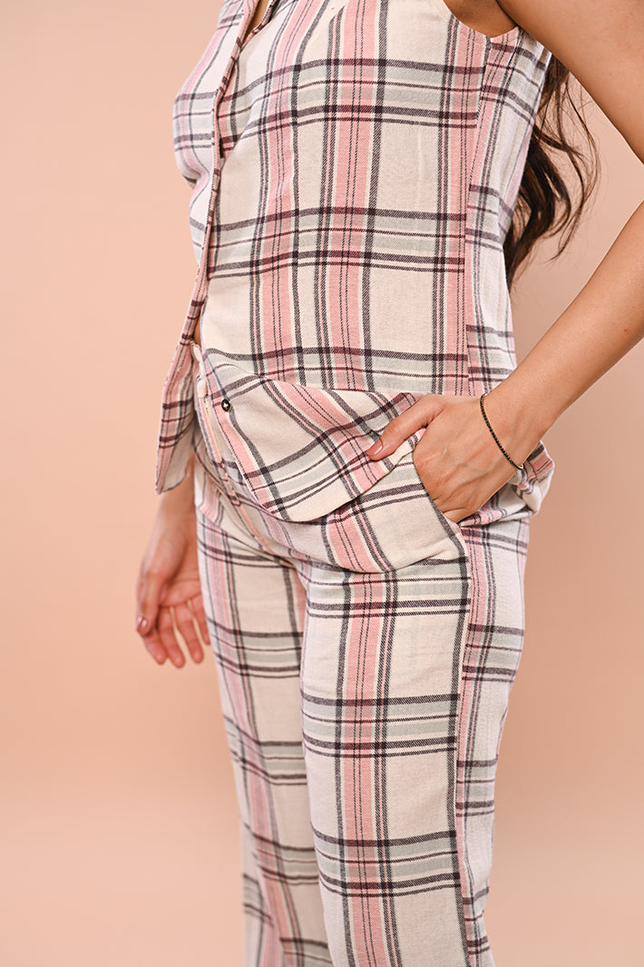 Pink And White Flannel Office Set ( waistcoat & pants)
