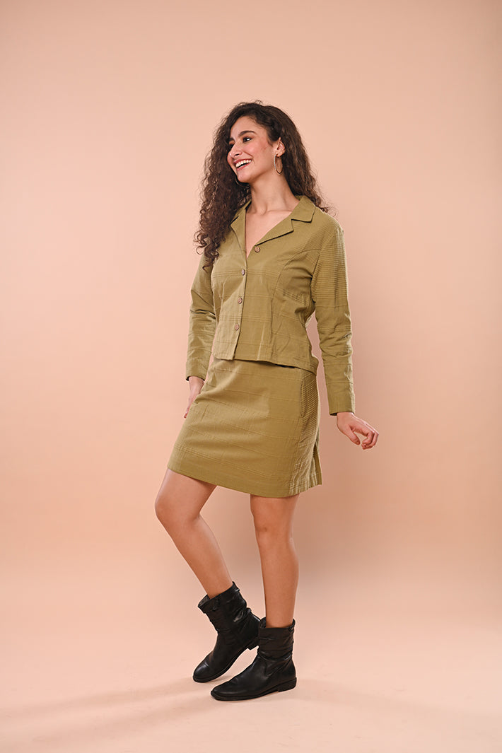 Green Ribbed Short Jacket & Straight Skirt