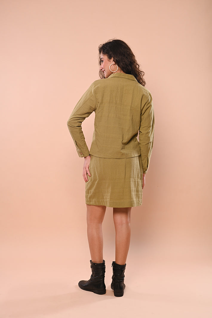 Green Ribbed Short Jacket & Straight Skirt