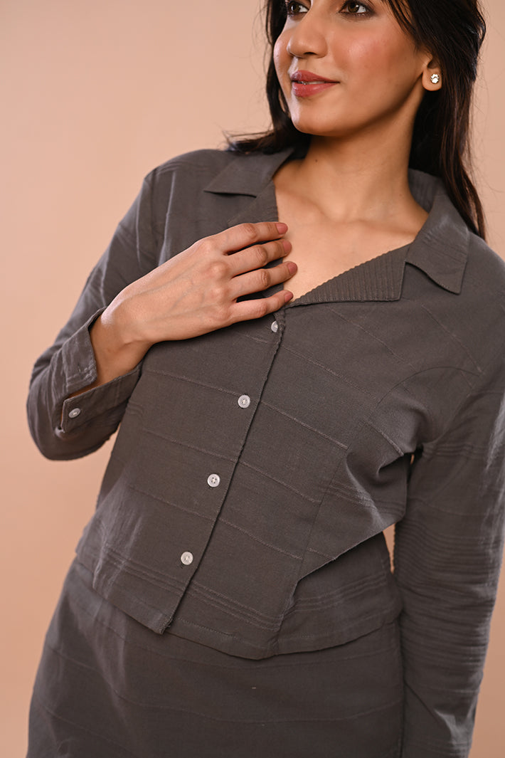 Grey Ribbed Short Jacket & Short Skirt Set