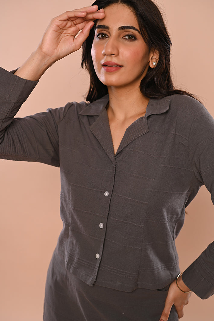 Grey Ribbed Short Jacket & Short Skirt Set