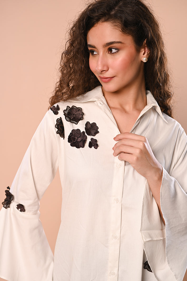 WHITE TOP with Black Flowers