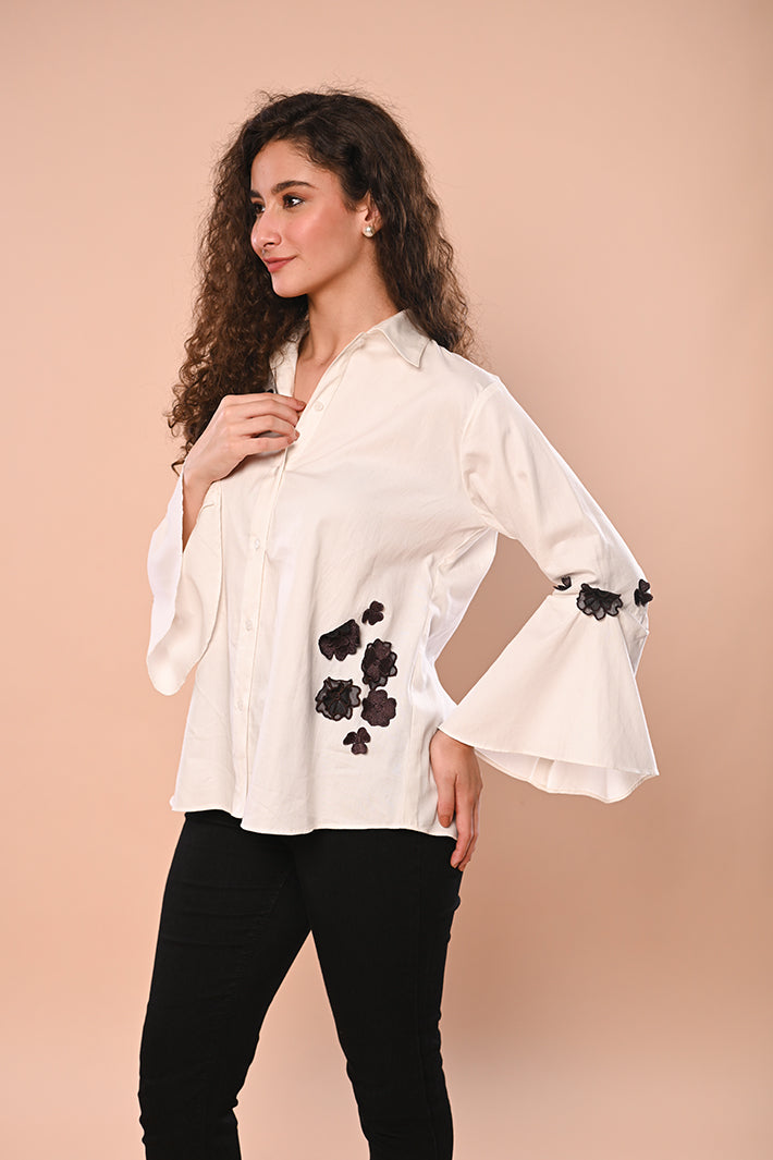 WHITE TOP with Black Flowers