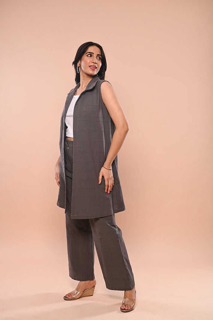 Grey Ribbed Long Waistcoat & Pant Set