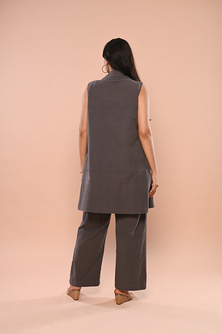 Grey Ribbed Long Waistcoat & Pant Set