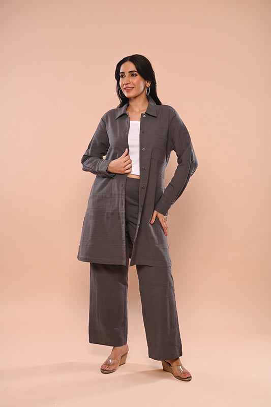 Grey Ribbed Long Jacket & Pants Set