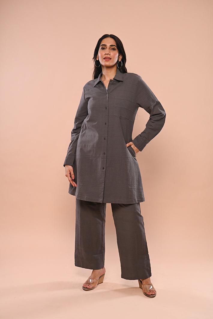 Grey Ribbed Long Jacket & Pants Set