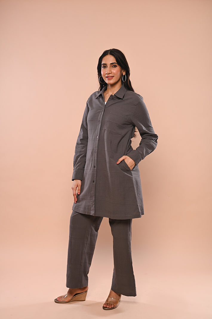 Grey Ribbed Long Jacket & Pants Set