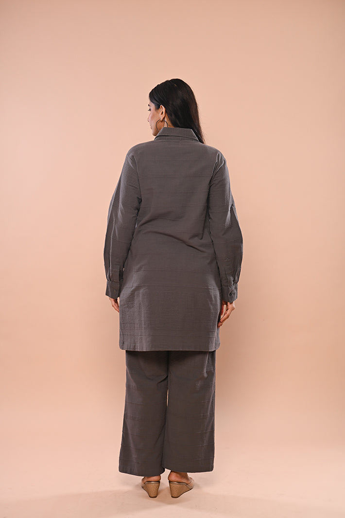 Grey Ribbed Long Jacket & Pants Set