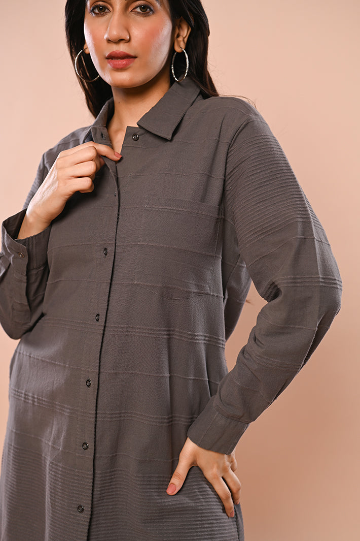 Grey Ribbed Long Jacket & Pants Set