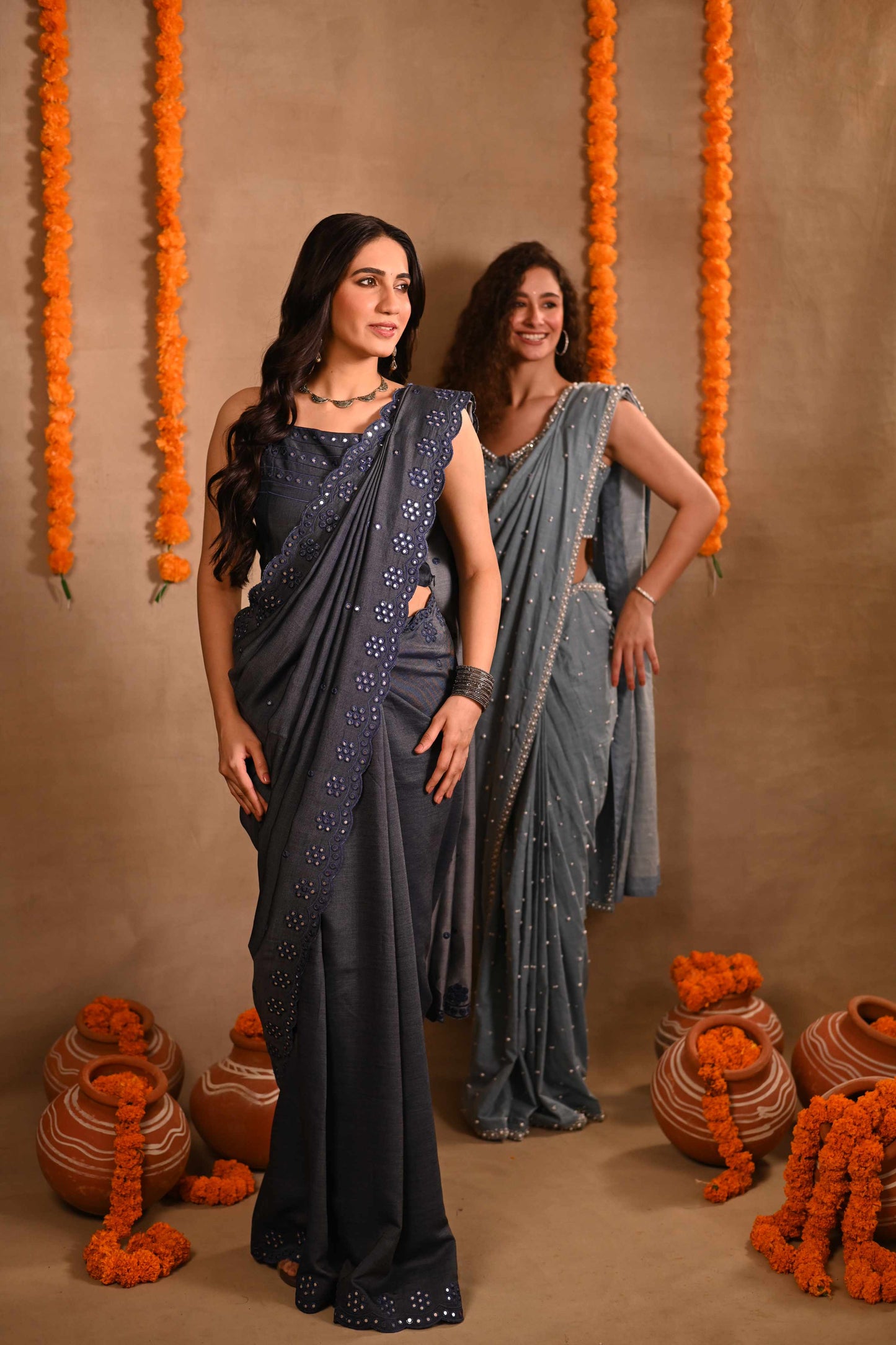 Denim Mirrorwork Saree