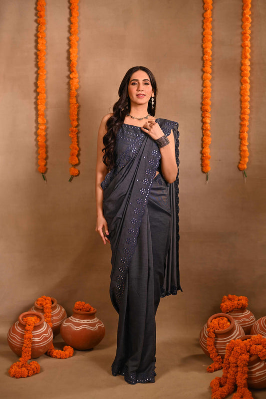 Denim Mirrorwork Saree