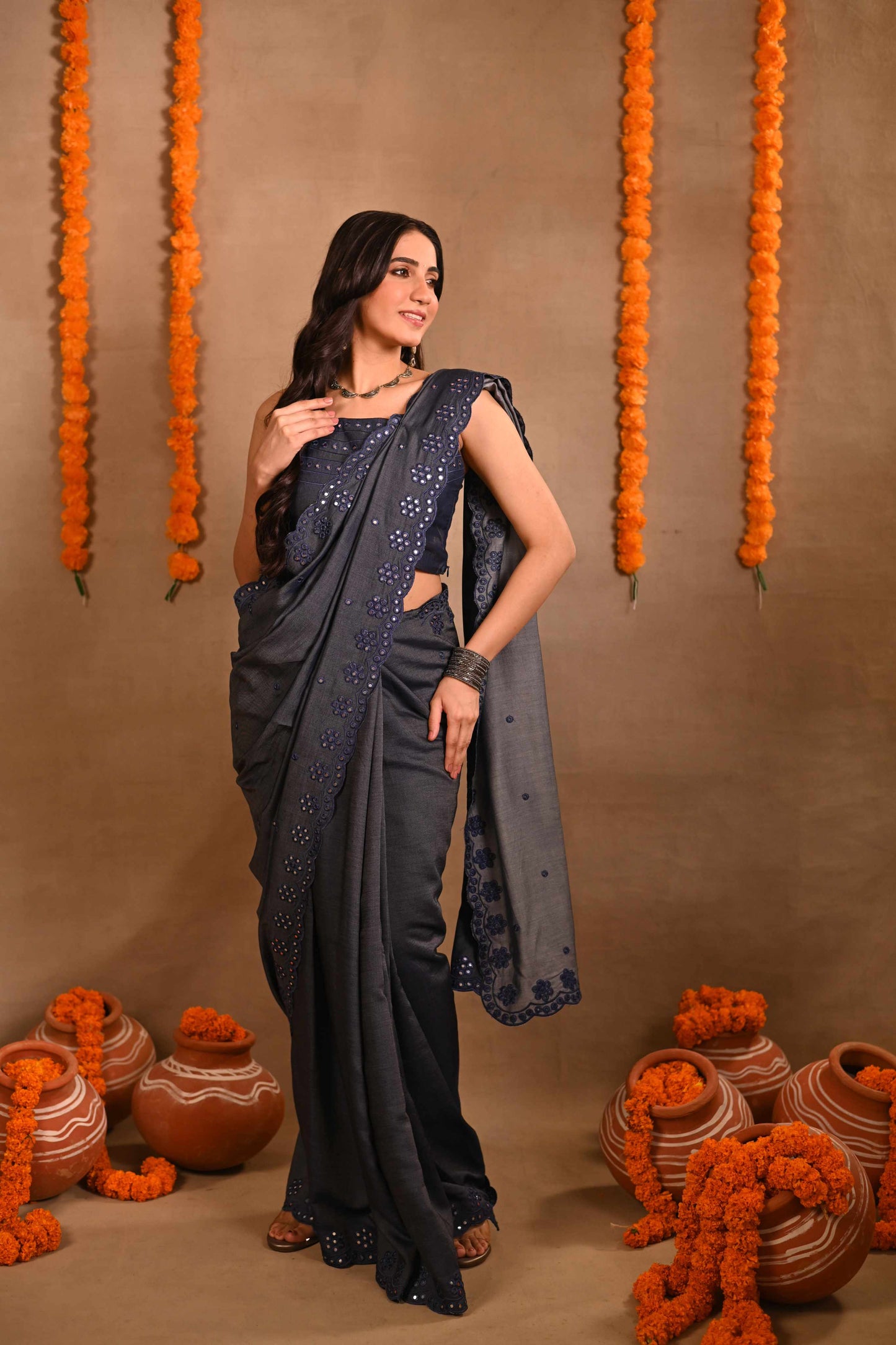 Denim Mirrorwork Saree
