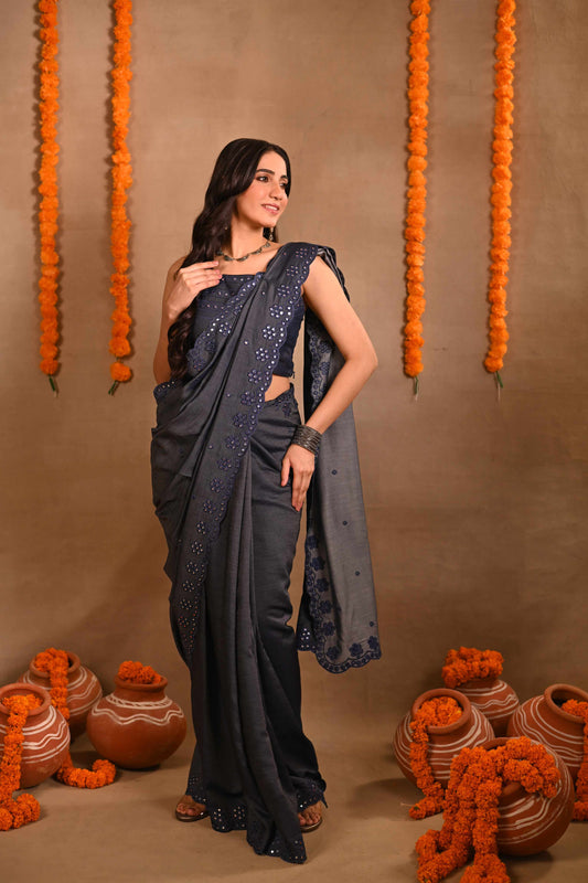 Denim Mirrorwork Saree