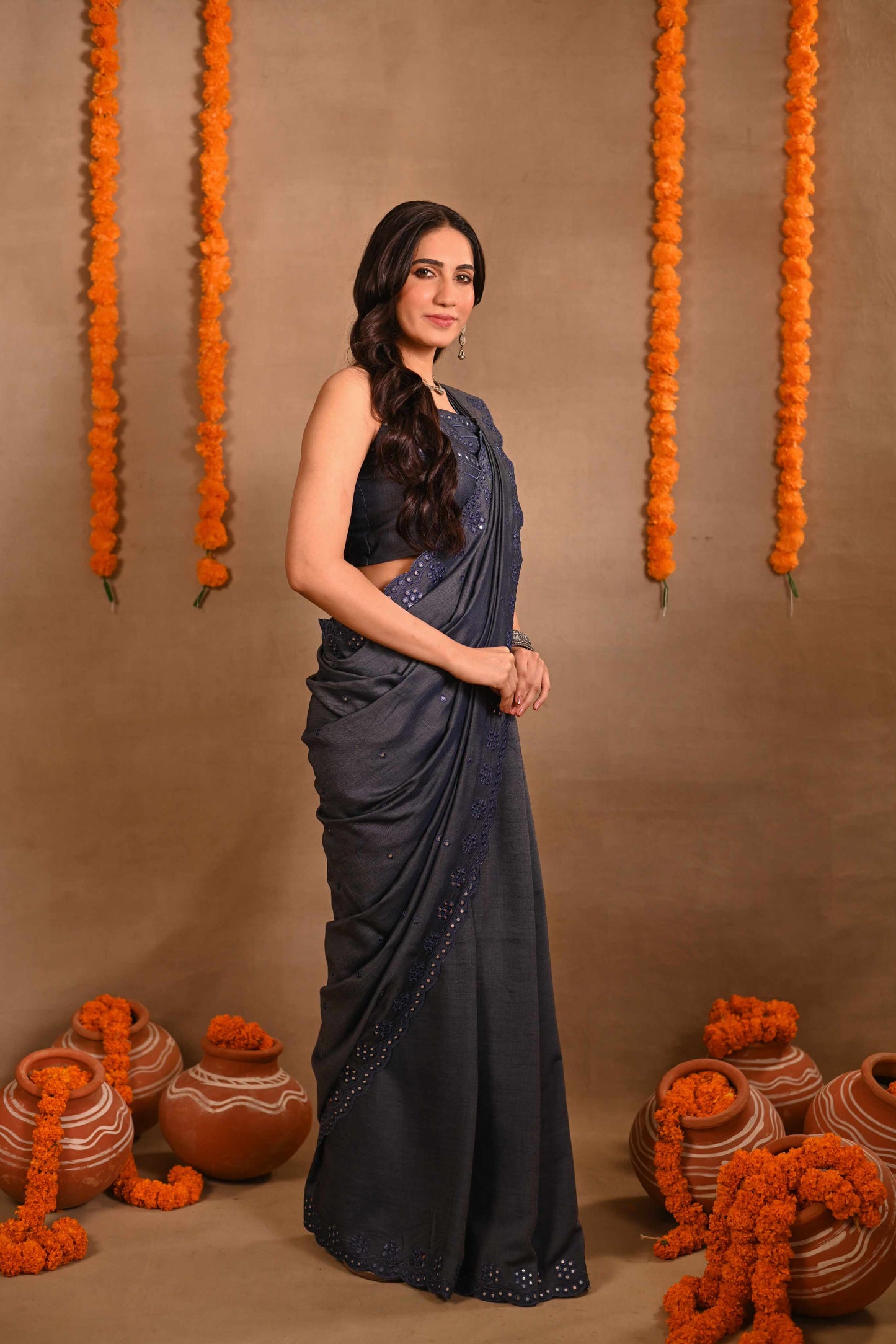 Denim Mirrorwork Saree
