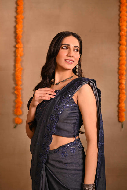 Denim Mirrorwork Saree