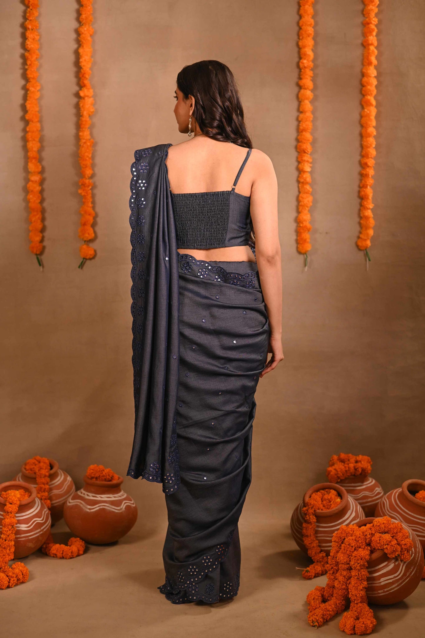 Denim Mirrorwork Saree
