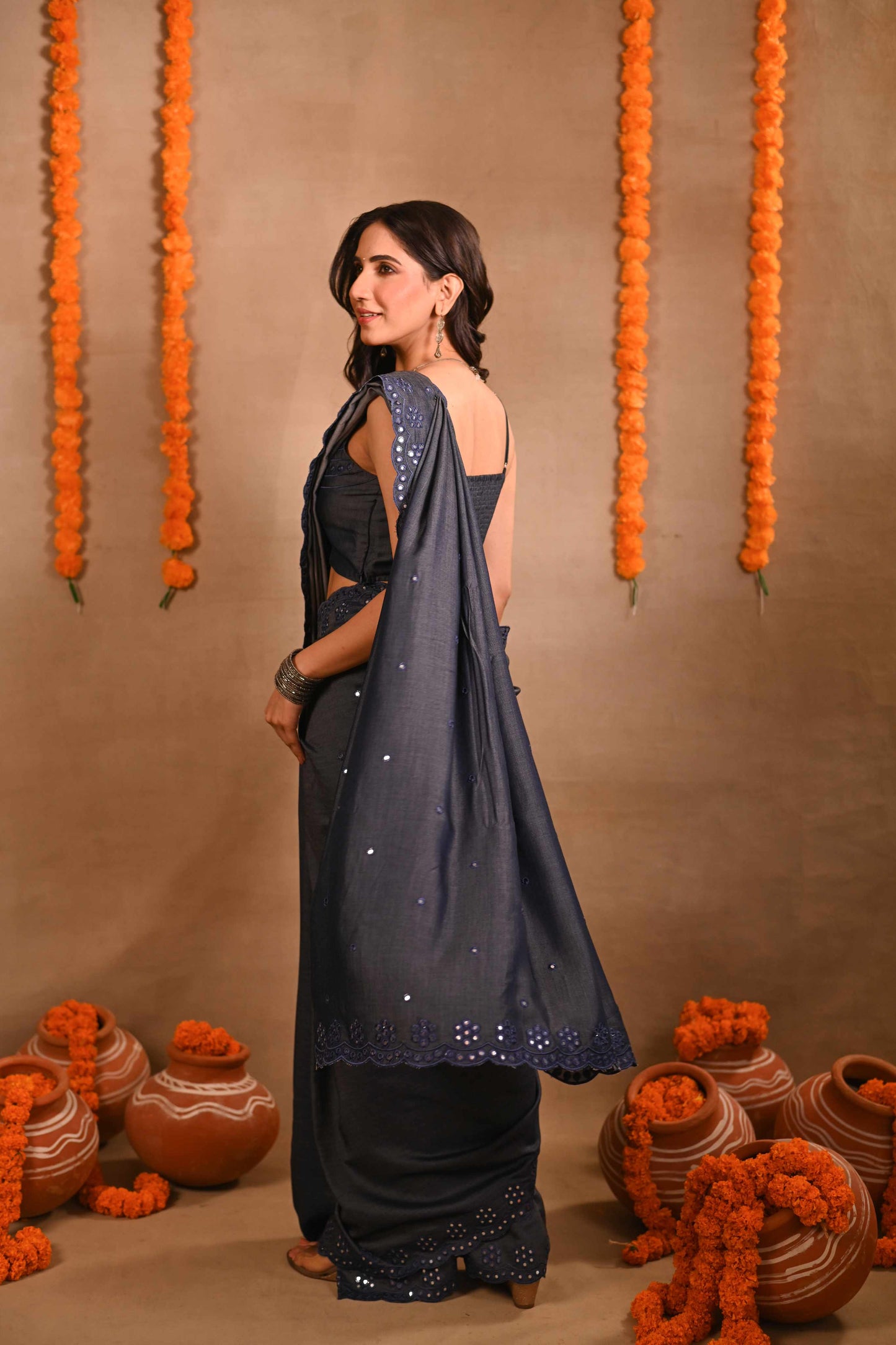 Denim Mirrorwork Saree