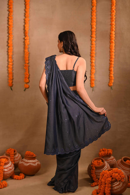 Denim Mirrorwork Saree