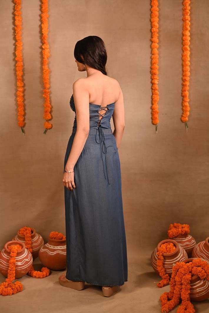 Denim Corset Blouse & Pleated Skirt Set