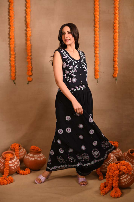 Navy Floral Jacket & Long Skirt Set