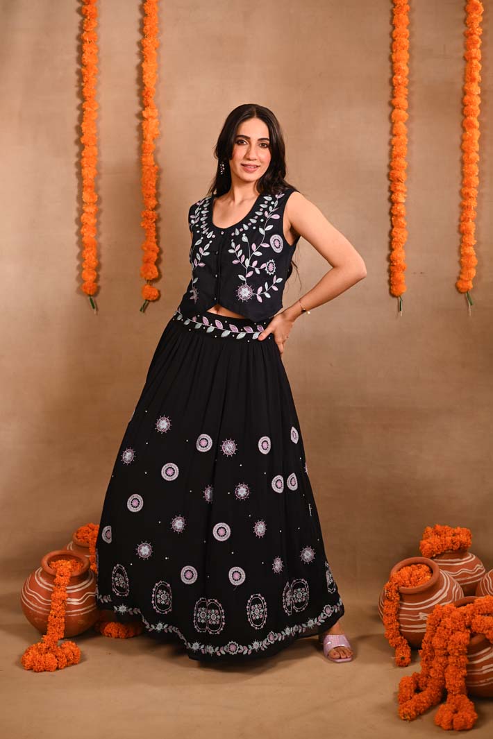 Navy Floral Jacket & Long Skirt Set